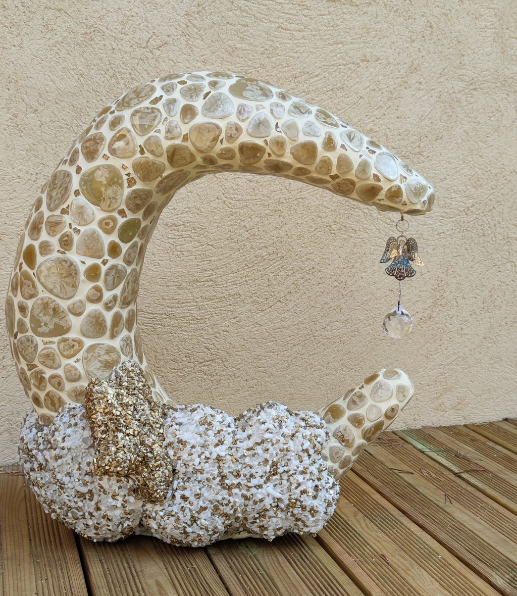 Sculpture mosaïque lune étoile– art déco fait main en mosaïque & verre – pièce unique pour intérieur / extérieur / jardin