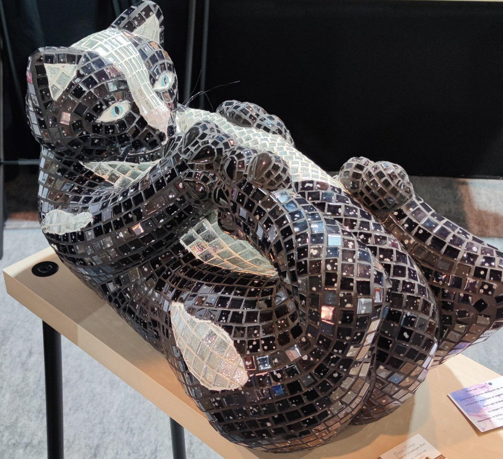 Sculpture mosaïque chat  – art déco fait main en mosaïque & verre – pièce unique pour intérieur / extérieur couvert