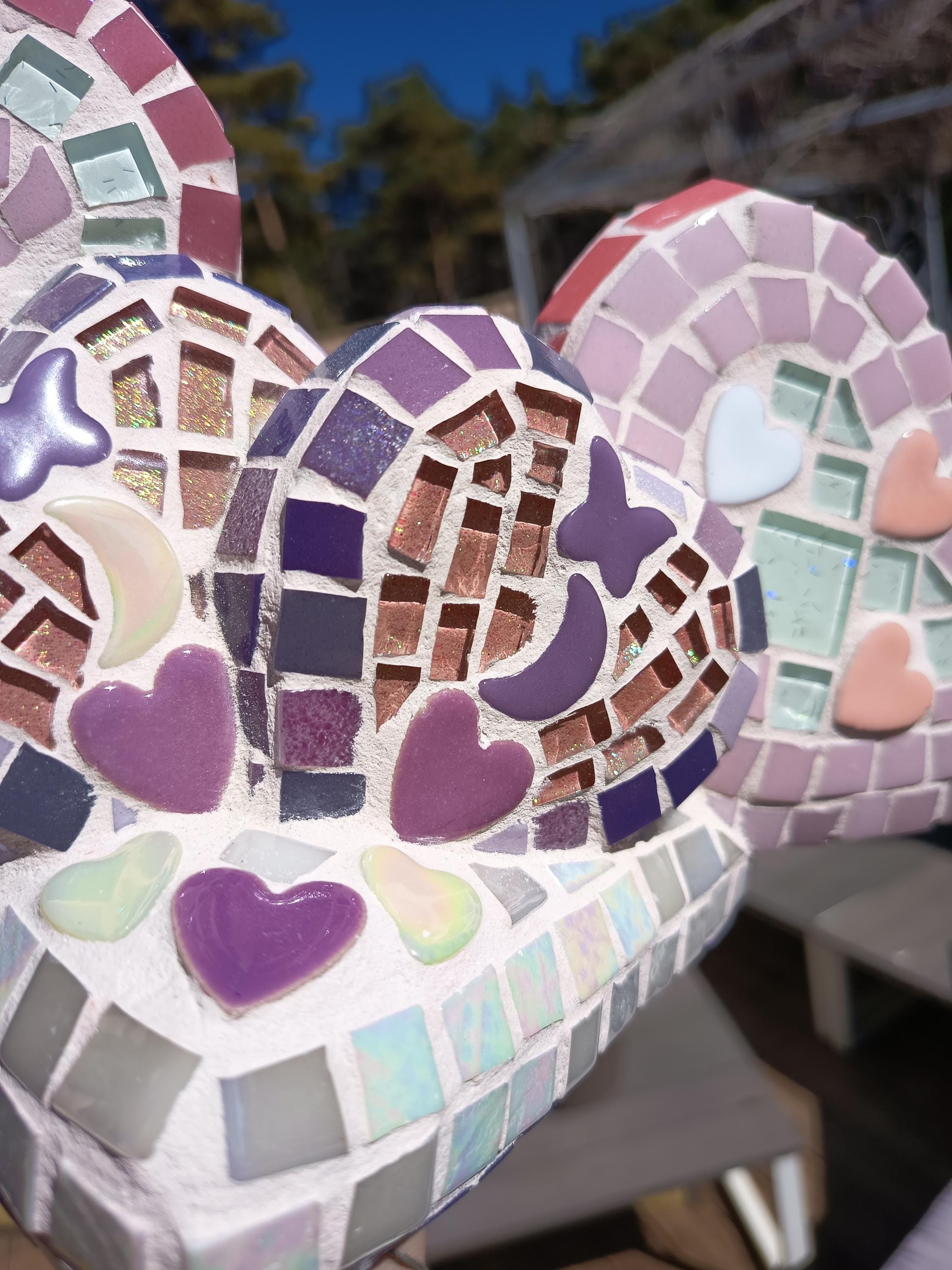 Cœur mosaïque rose pastel & lilas – Décoration féerique faite main – Univers doux et romantique