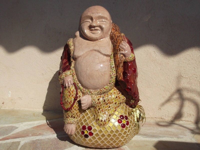 Sculpture mosaïque bouddha – art déco fait main en mosaïque & verre – pièce unique pour intérieur / extérieur / jardin