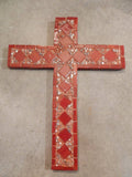 Croix mosaique-rouge gris,verre americain, micro galet argenté