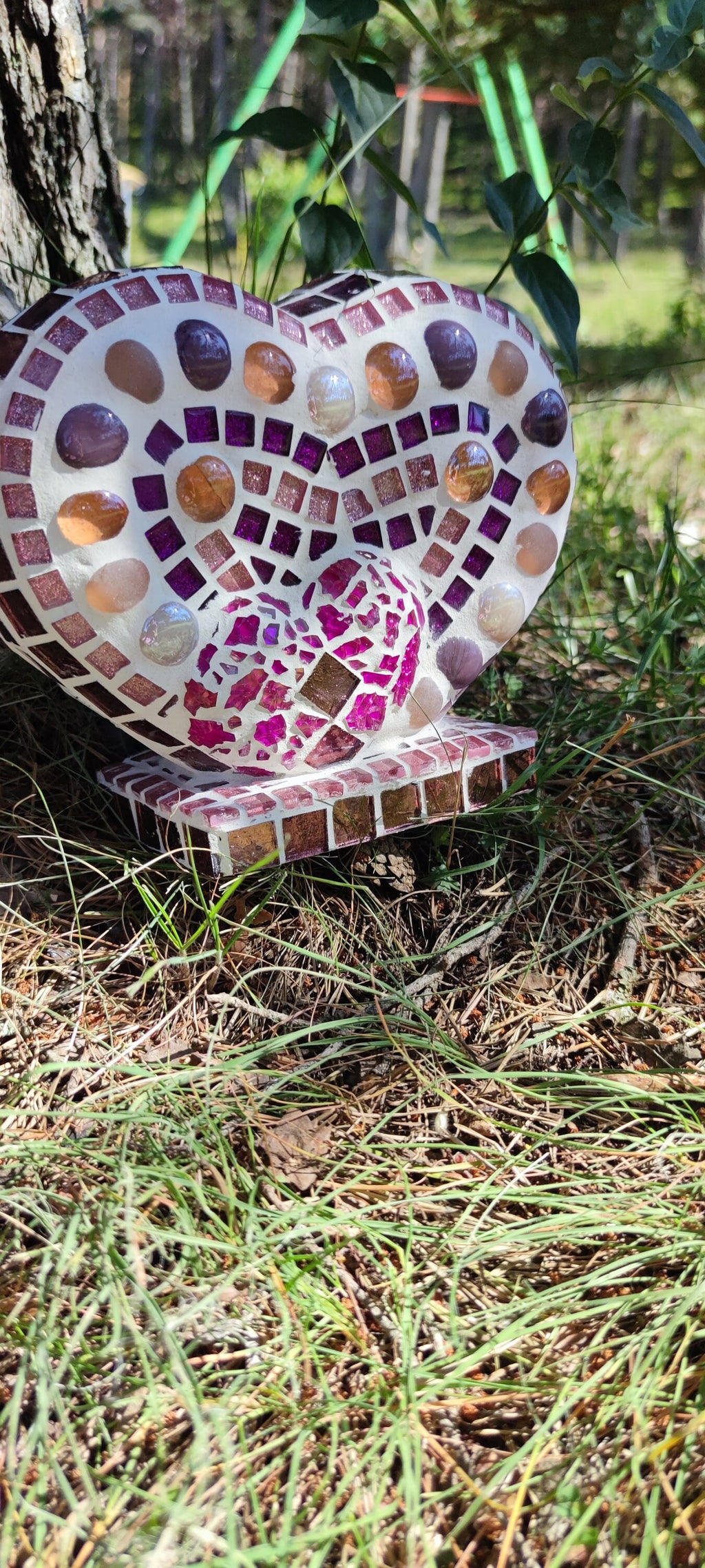 Sculpture mosaïque cœur rose – art déco fait main en mosaïque & verre – pièce unique pour intérieur / extérieur / jardin