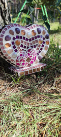 Sculpture mosaïque cœur rose – art déco fait main en mosaïque & verre – pièce unique pour intérieur / extérieur / jardin